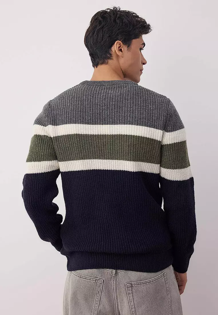 Anthracite Slim Fit Wool Crew Neck Panelled Color Block Knitwear Sweater Tmnaw22Kz0343