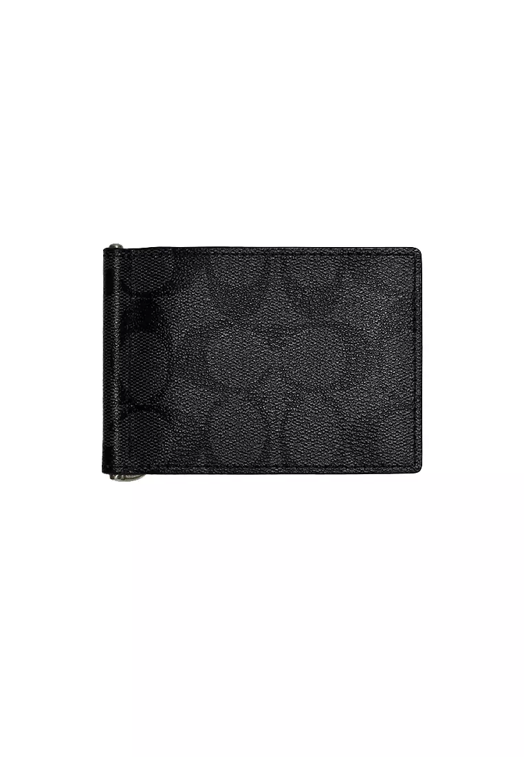 Coach Slim Money Clip Billfold Wallet In Signature Canvas Charcoal Black CH086