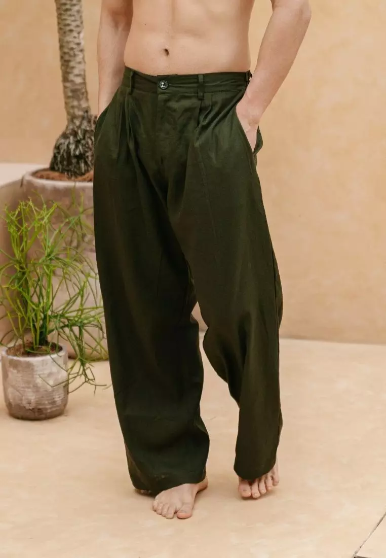 Miles Celana Panjang Baggy Berkancing Linen Pria Warna Hijau Army | Linen Baggy Pants Men Army Green