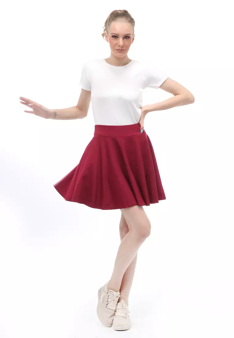 Rok Midi Bawahan Wanita Motif Solid Casual Relaxed Fit - Wine