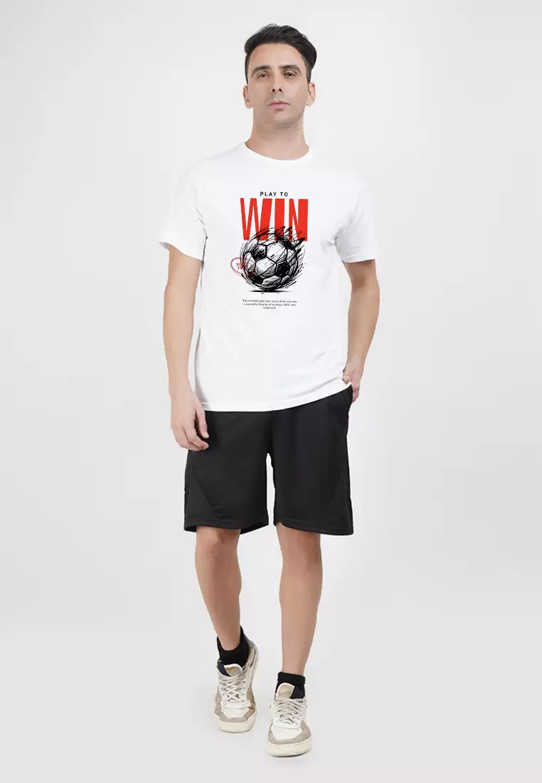 Play To Win 足球图案白色纯棉标准版型T恤/短袖T恤，圆领