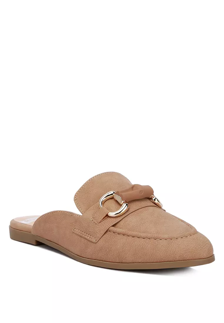 Taupe Horsebit Embellished Slip-On Mules