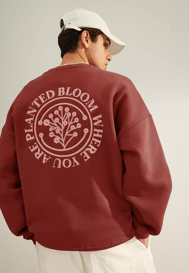 Brick Oversize/Wide Cut Floral Embroidered Polar Fleece Inside Cotton Sweatshirt TMNAW24SW00012
