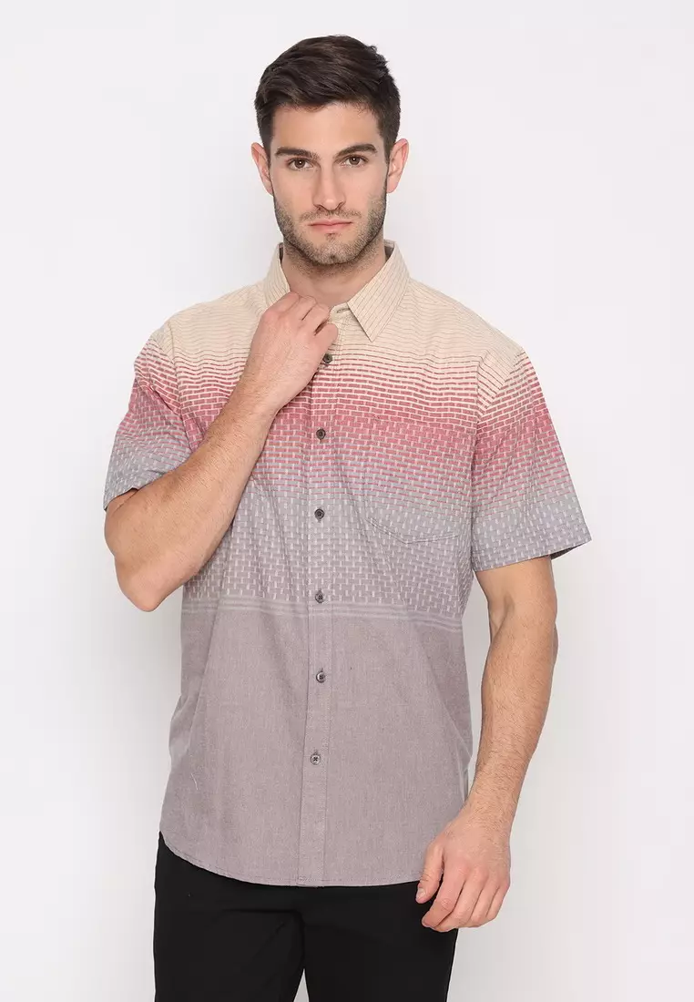 POLICE Kemeja Border Printing Merah Abu Regular Fit Pria