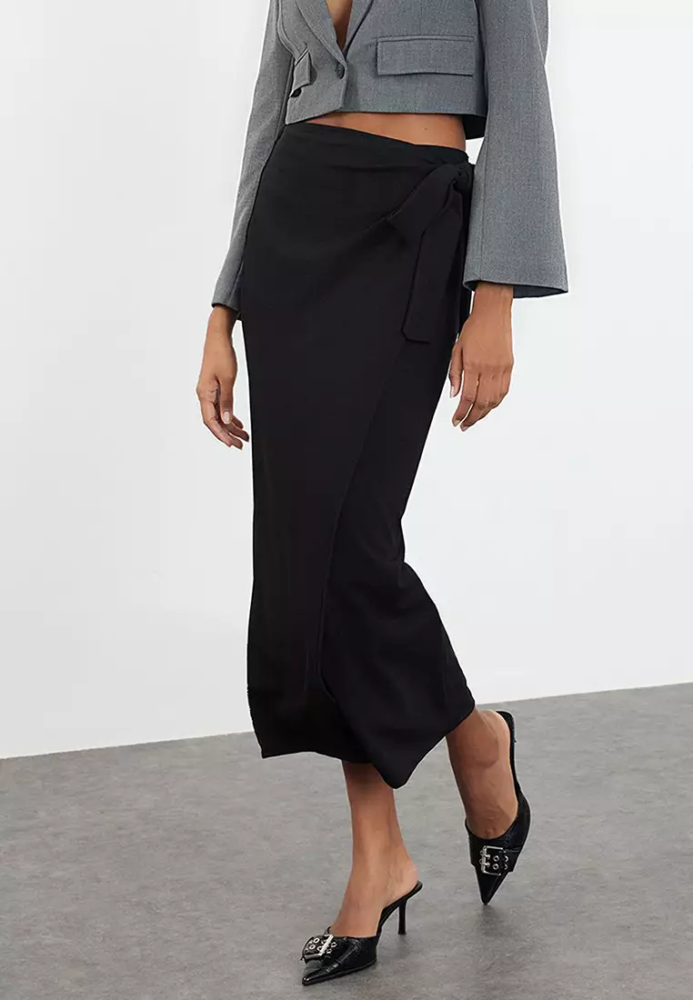 Stretchy Midi Skirt with Wrap Tied Detail