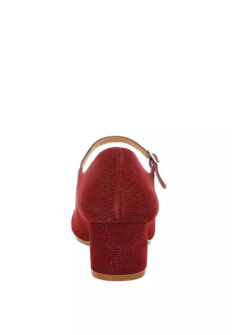 Sandal Mary Jane Suede Berkilau Merah