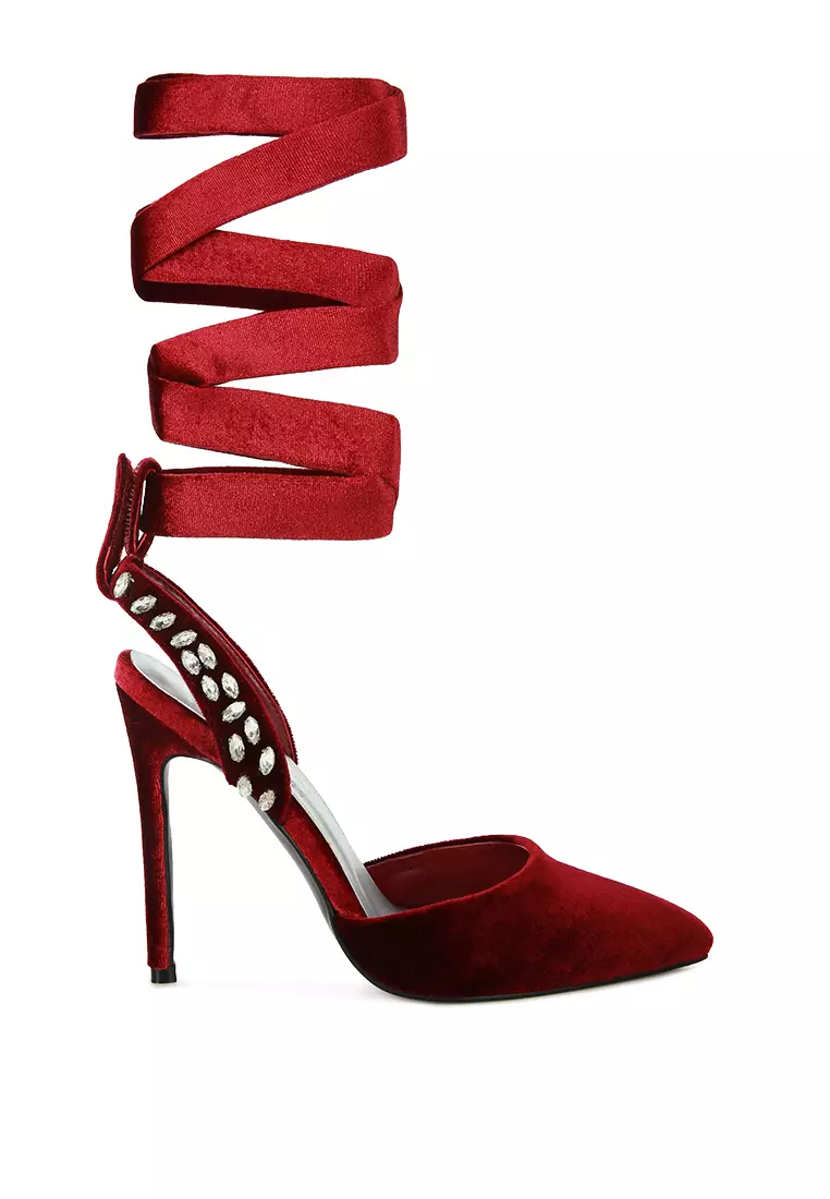 Discount on Rag & Co.  shoes - SKU: Burgundy Velvet Diamante Tie Up High Heeled Sandals