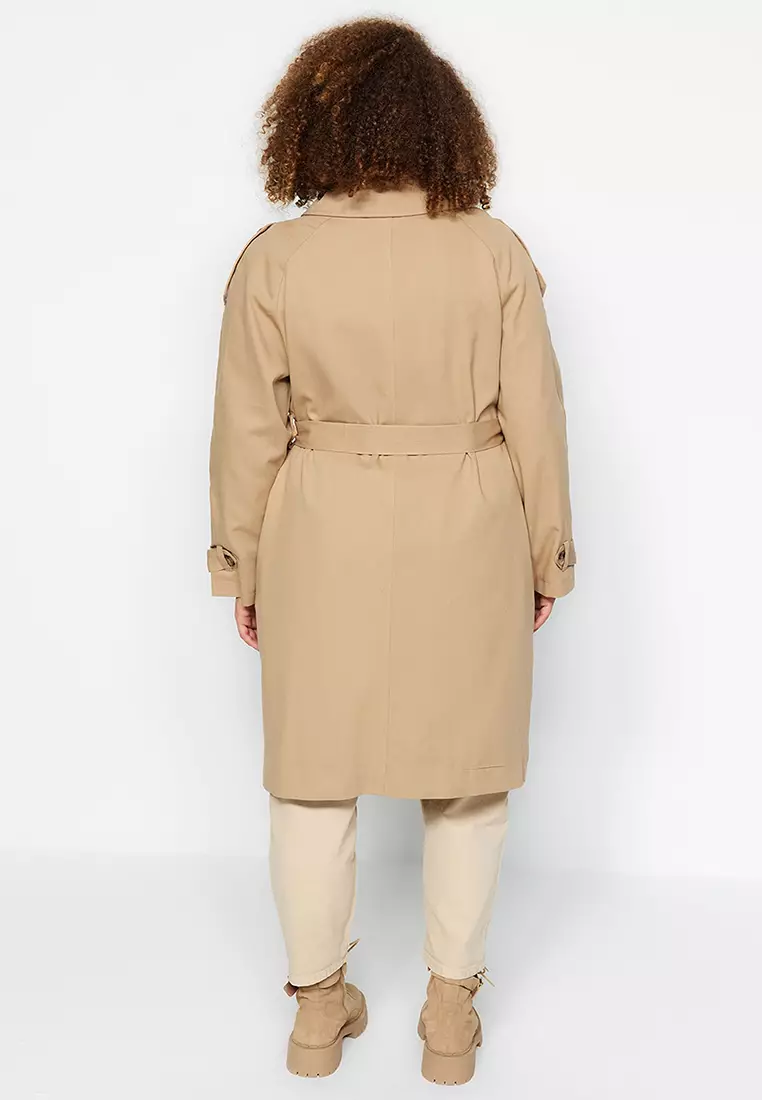 Buy Trendyol Plus Size Beige Waist Belted Gabardine Trench Coat