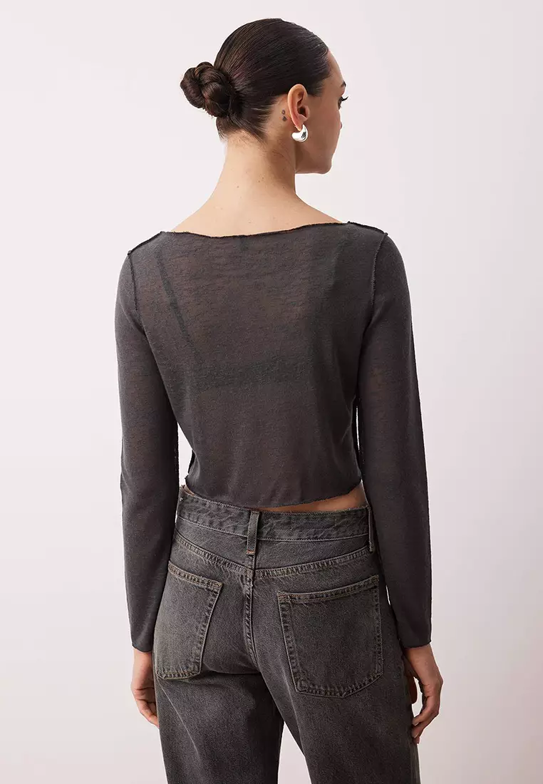 Anthracite Transaparan Ribbed Regular/Normal Fit Crop Knitted Blouse