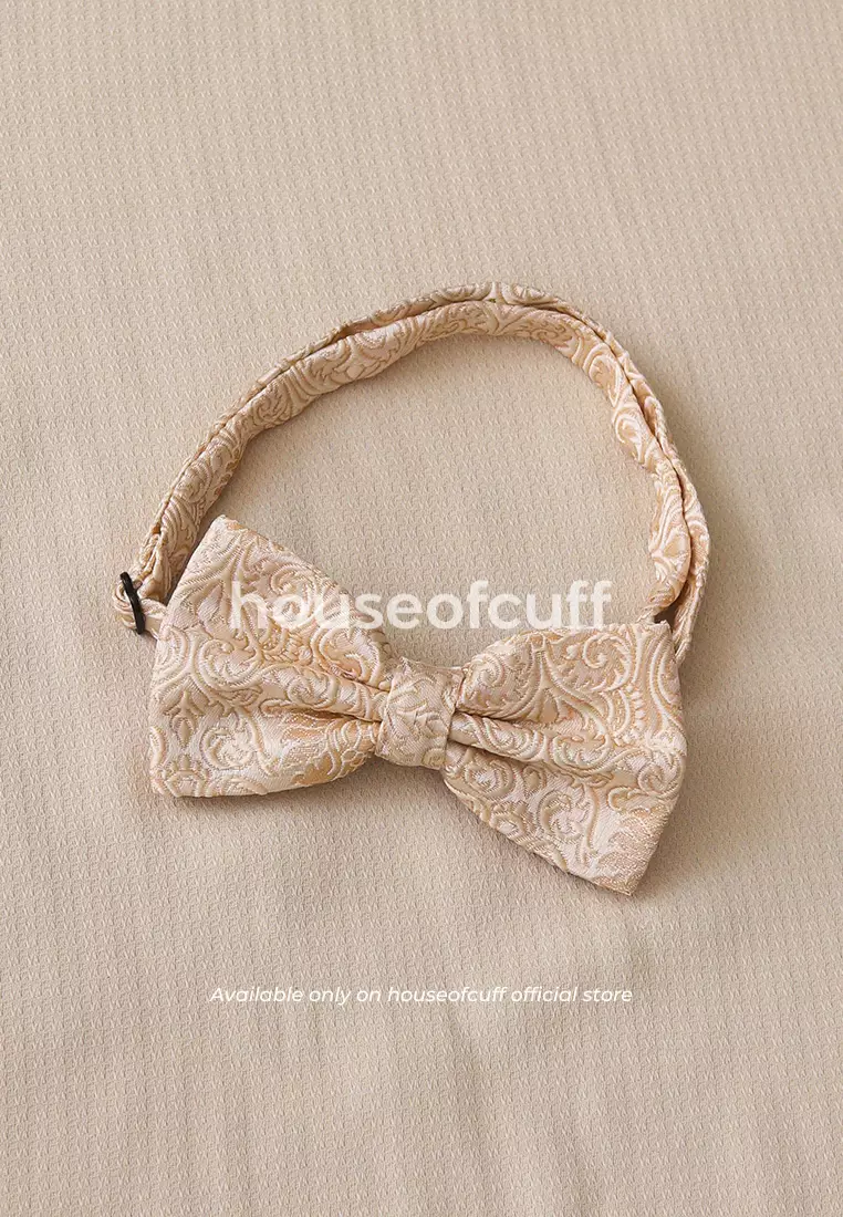 Houseofcuff dasi kupu pria bowtie pocket square jacquard Cream motif
