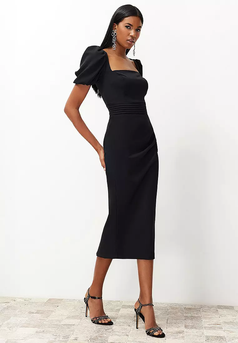 Buy Trendyol Square Neck Puff Sleeves Slit Midi Dress 2025 Online
