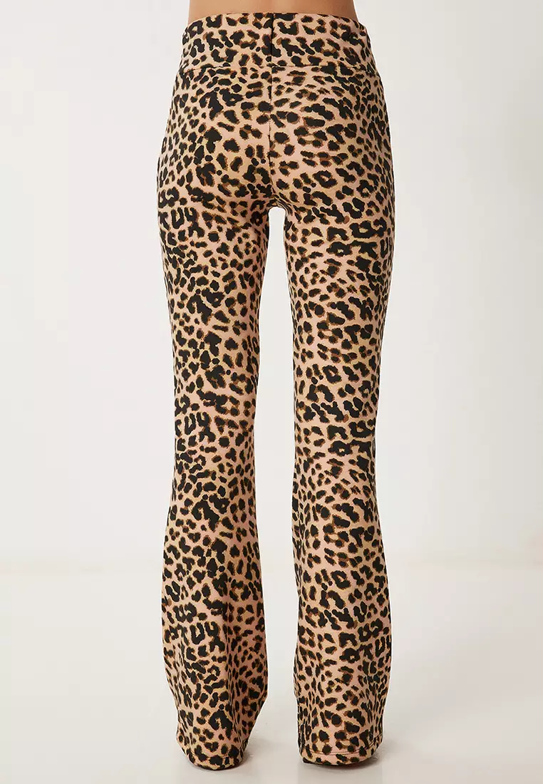 Women Black Cream Patterned Flare Leg High Waist Stretchy Knitted Pants Cr00491