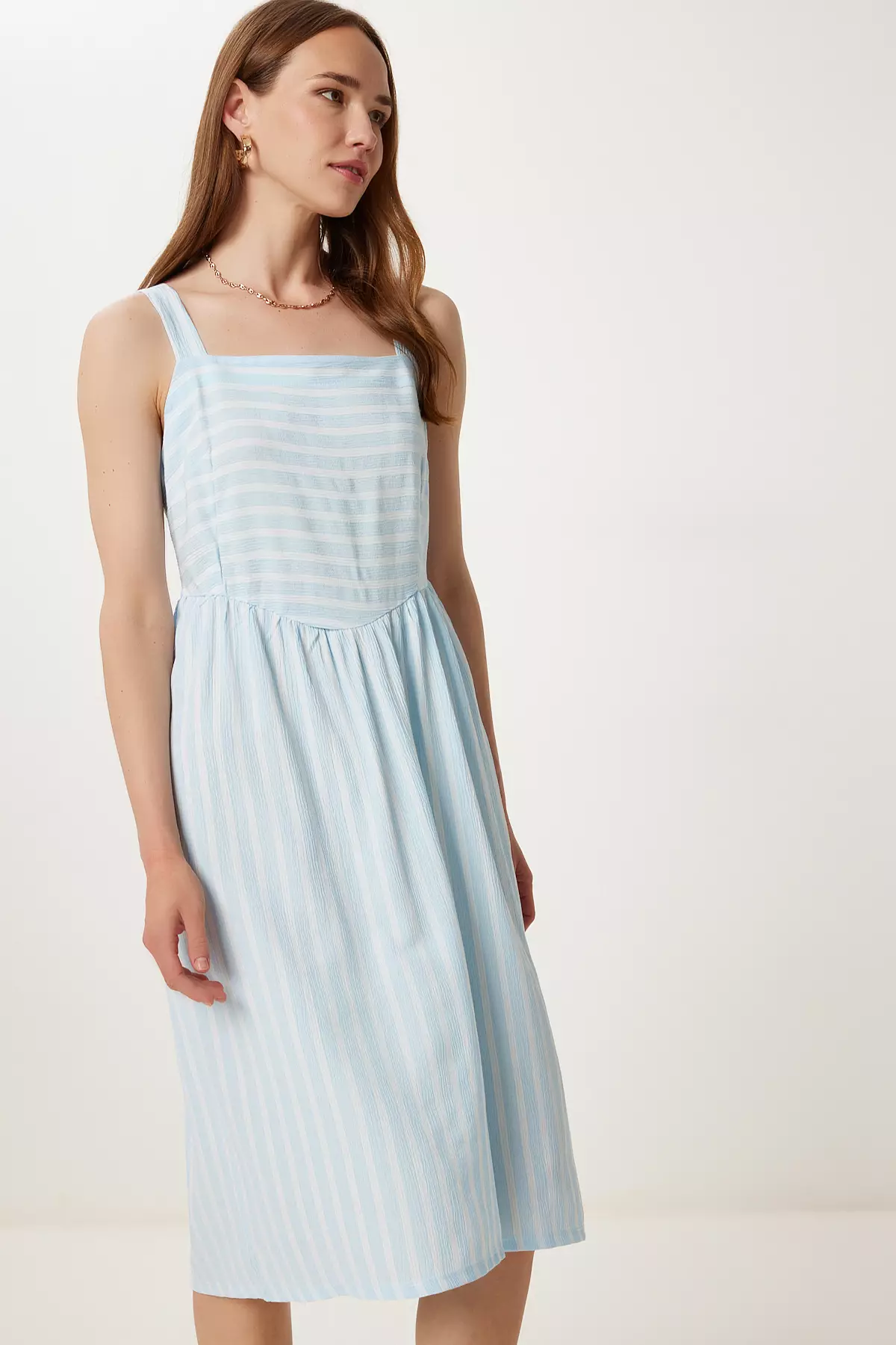 Women's Sky Blue Strap Striped Summer Crinkle Dress Tp00054