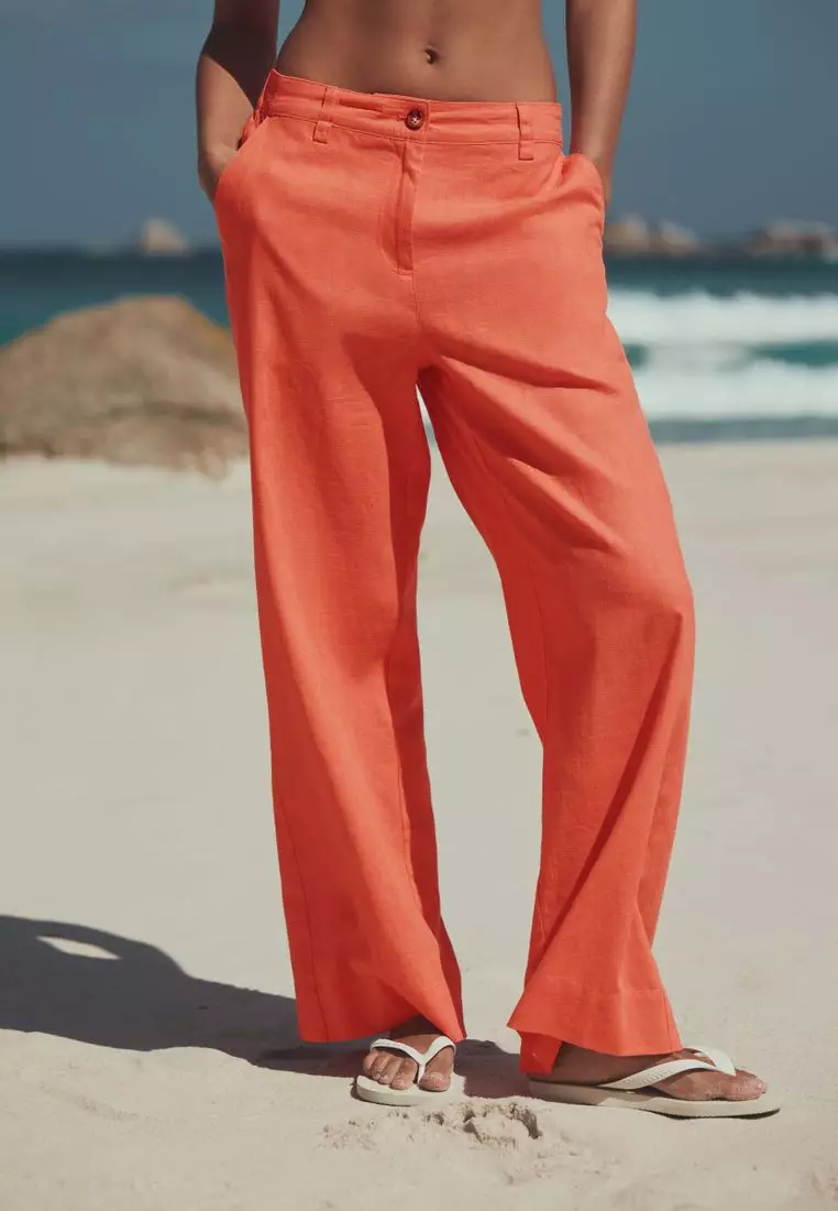Smart Front Linen Blend Wide Leg Trousers