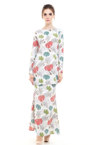 Rina Printed Kurung Red Green Flower from Rina Nichie Couture in Multi