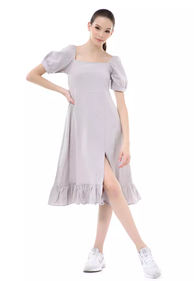 Rachel Midi Dress Rample Wanita Vintage Bottom Lengan Pendek Material Linen ORIGINAL - Gray