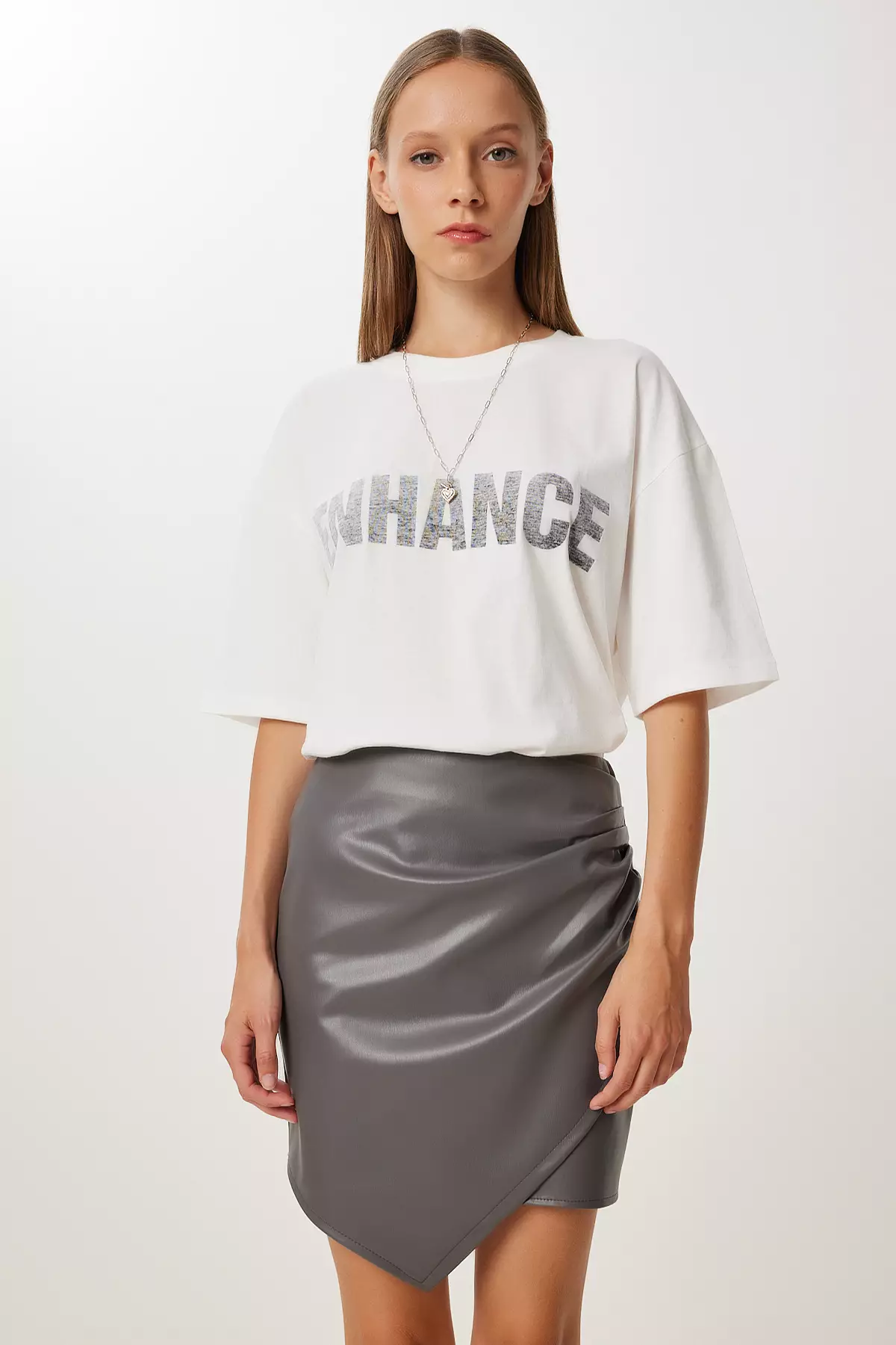 Women's Gray Asymmetrical Mini Faux Leather Skirt Gp00030