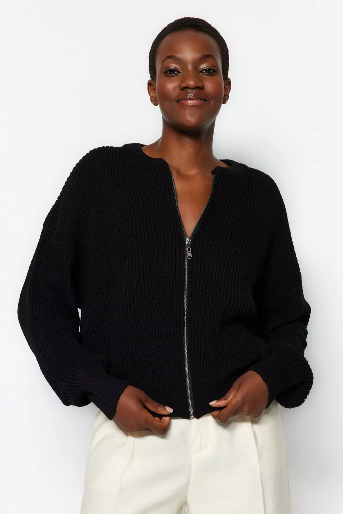 Black Wide Fit Bomber Collar Zippered Knitwear Cardigan Twoaw24Hi00153