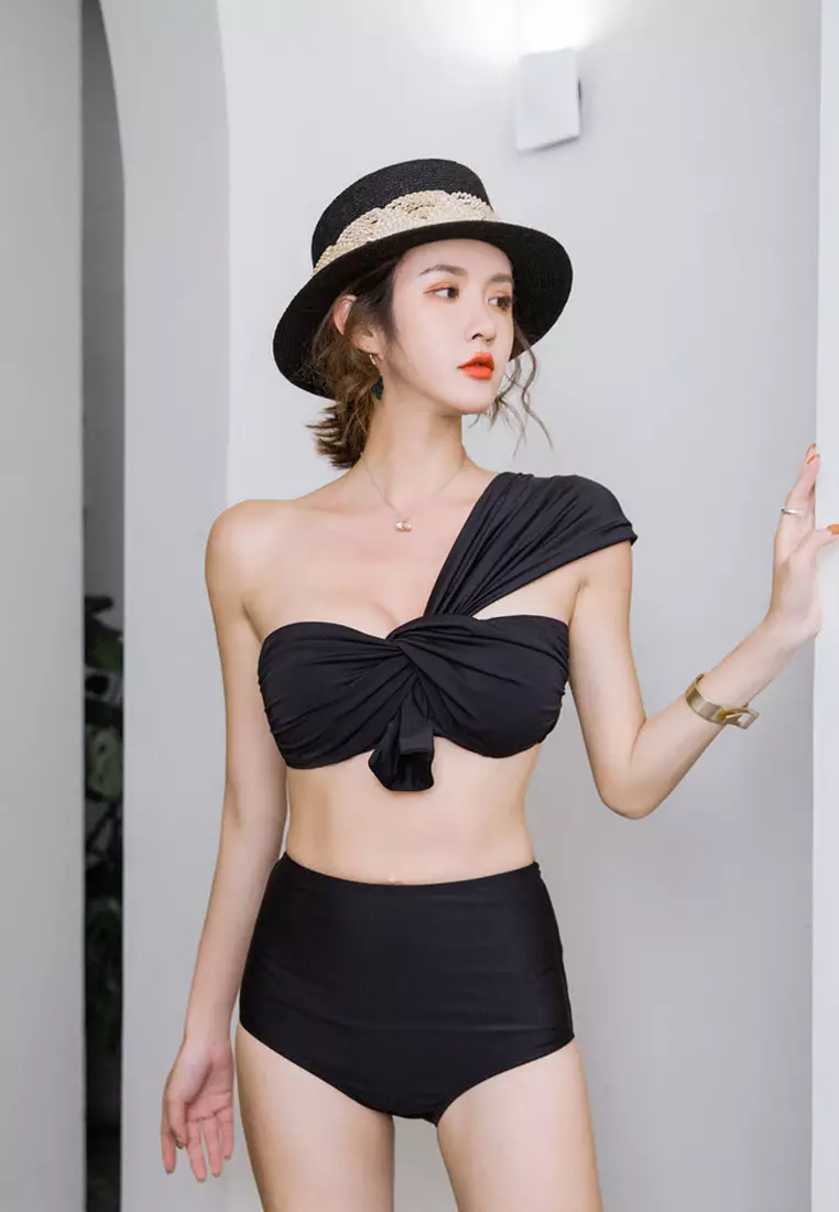 Slant Shoulder Split High Waist Two Piece Swimsuit CA071701BK