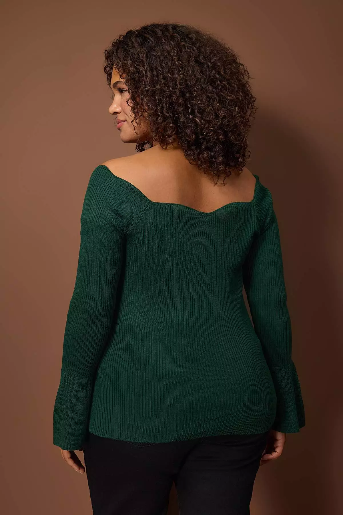 Emerald Green Ribbed Carmen Collar Knitwear Sweater Tbbaw26An00031