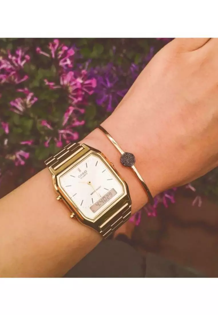 Men Analog Watch AQ-230GA-9DMQ Gold Stainless Steel Strap