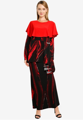 Midi Kurung Peplum Shoulder Cape from Zuco Fashion in Red