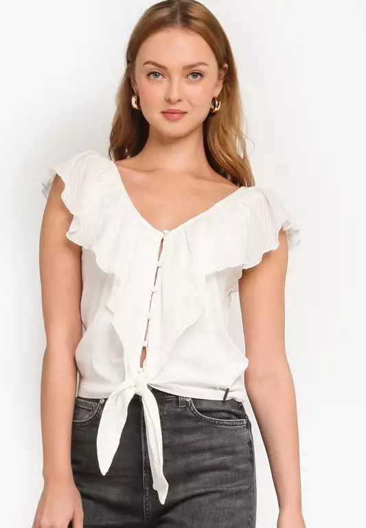 Charlot Plunge Neck Ruffle Top