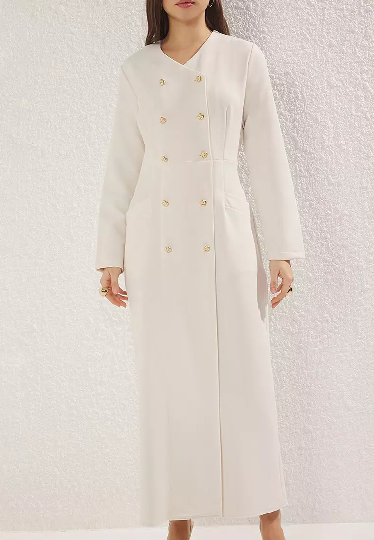 Beige Buttoned Woven Fabric Dress TCTSS25EB00027