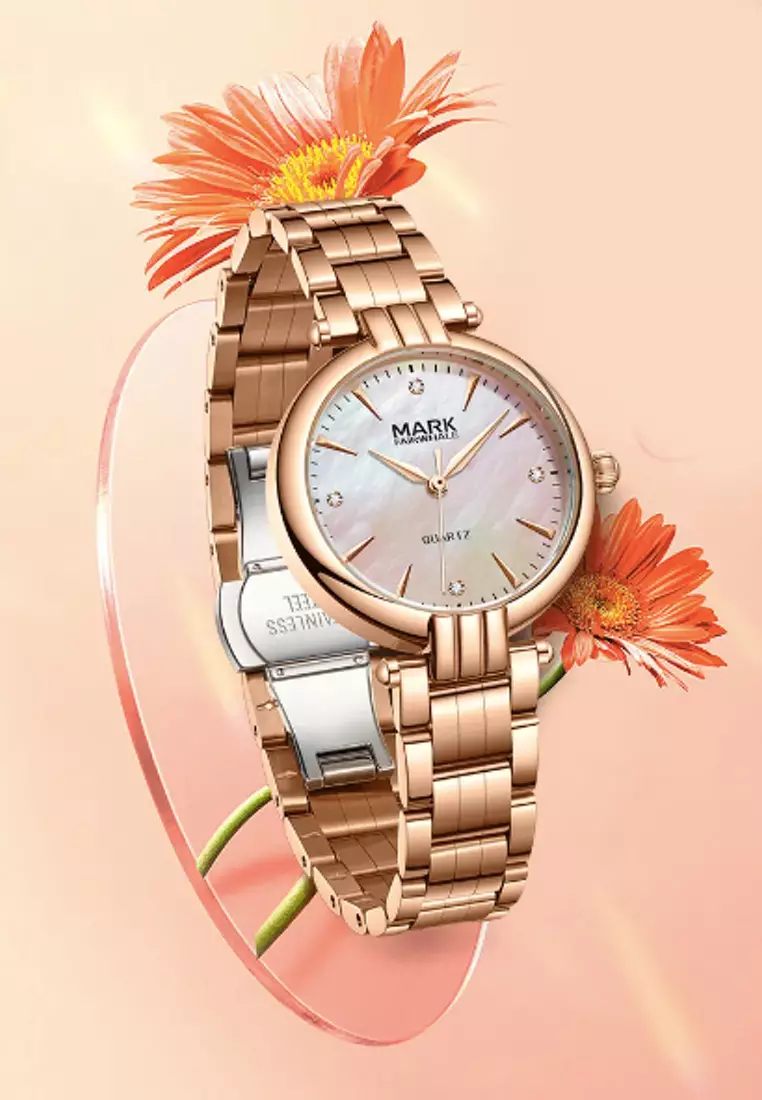 Ladies IP Rose Gold Color Stainless Steel Quartz Watch, 30mm, Mother of Pearl Dial, Metal Bracelet