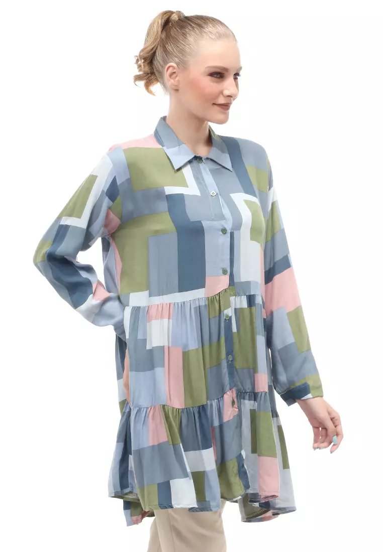 Tunik Atasan Wanita Long Sleeves Motif Abstrak Multicolor Relaxed Fit - Motif 4