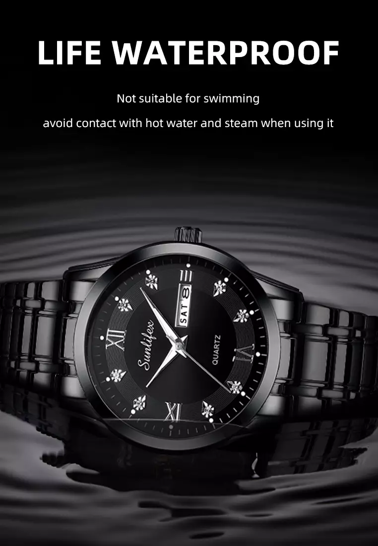 Jam Tangan Pria 9010 Kalender Kuarsa Tali Stainless Steel Bisnis Santai Jam Tangan Cowok allblack