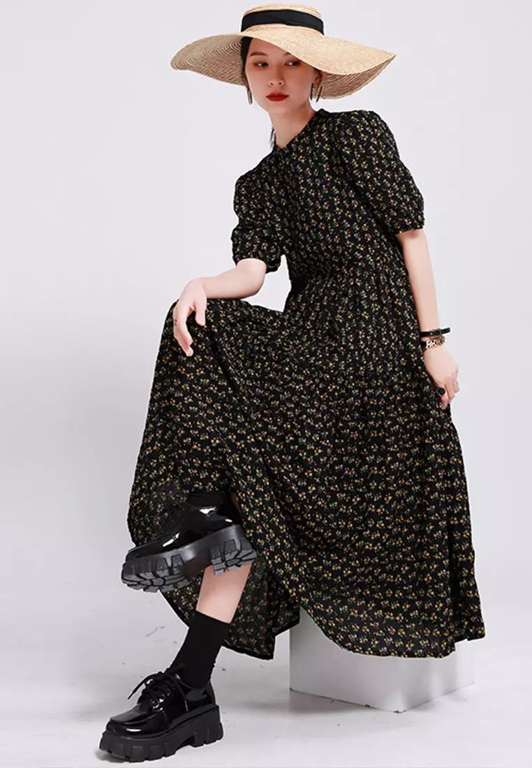 2025 S/S French Elegant Round Neck Bubble Sleeve Fragmented Flower Large Hemline Long One-Piece Dress CA23032105