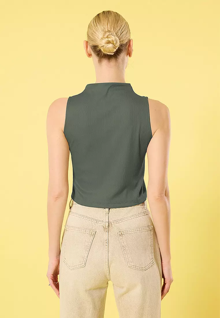 Gray Drawstring Detail Regular/Normal Fit Crop Knitted Blouse