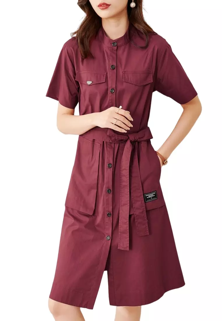 (Wine Red XL)Women Shirt Dress Pure Colour Short Sleeve Button Down IDS