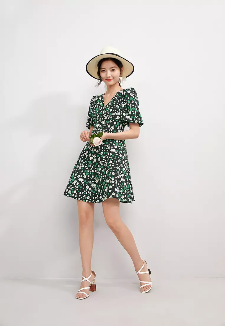 V-Neck Short Sleeve Floral Mini Dress