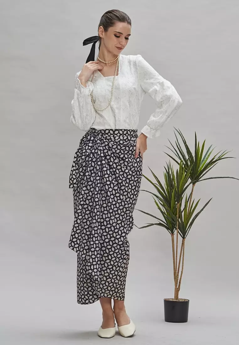 Black Geometric Batik Instant Wrap Skirt