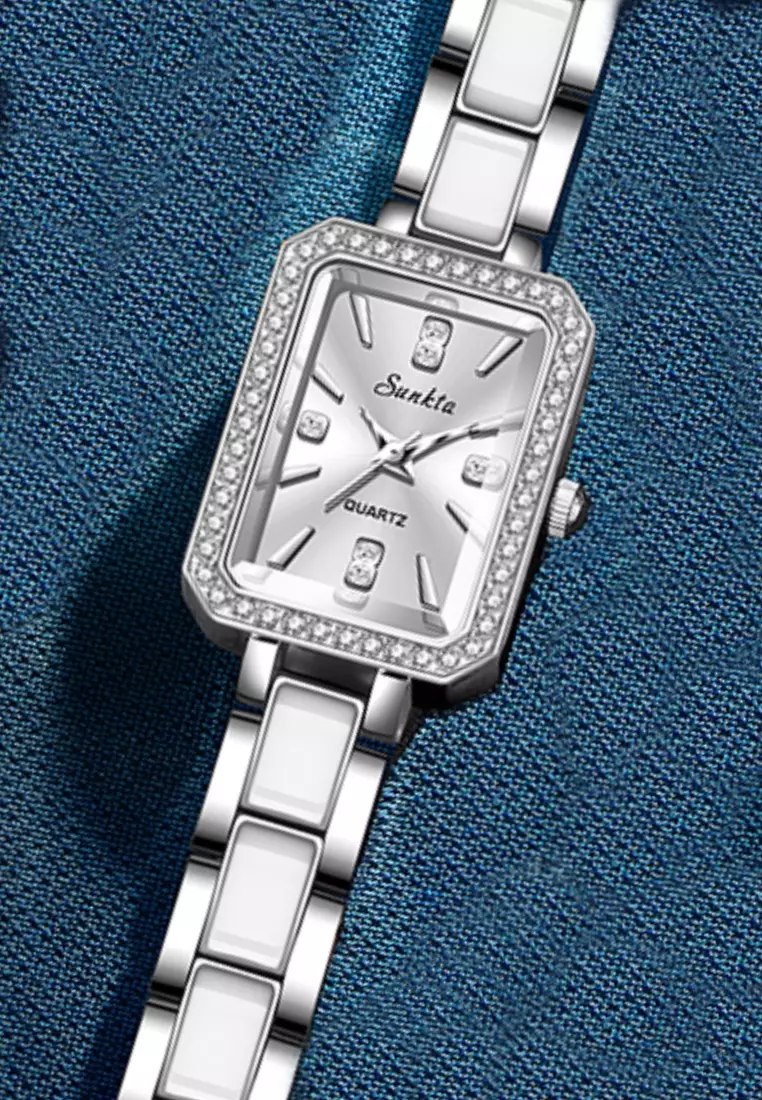 SUNKTA White Ceramic Ladies Quartz Watch, 26x20mm, Crystal paved Stainless Steel watch case, Mother of Pearl Dial, Metal and Ceramic Bracelet