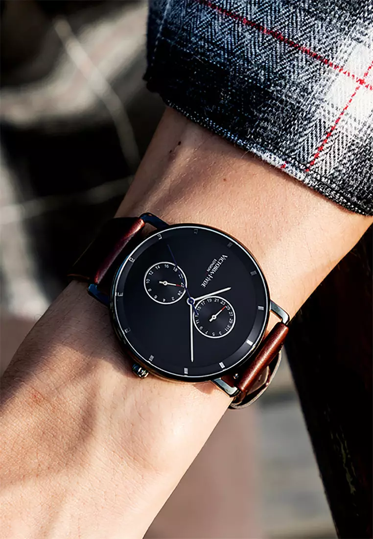 Men's Watch 40mm Grange Hill Date Leather Brown Leather Strap Black Case- Brown