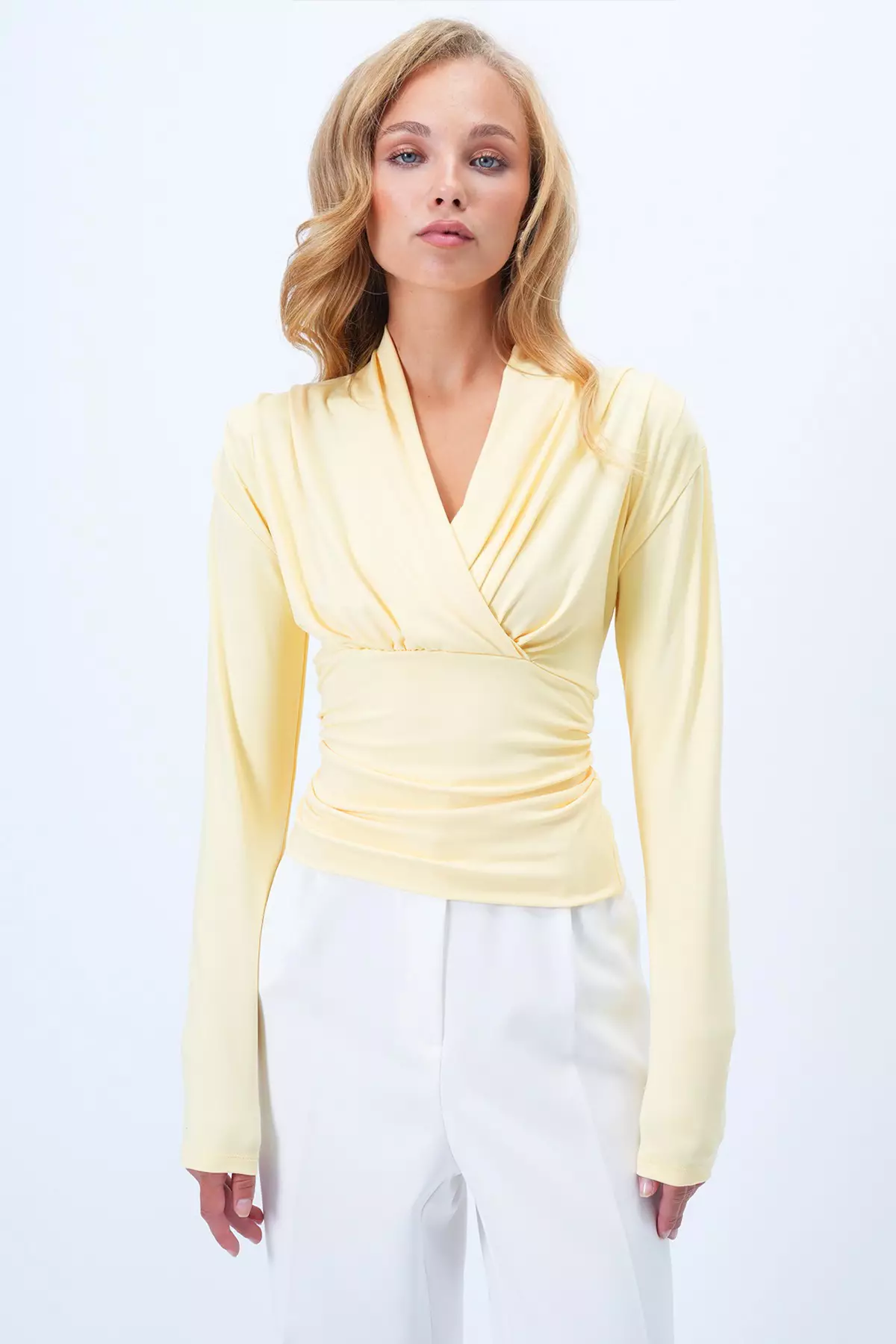 Women's Yellow Double-Breasted V-Neck Waist Corsage Sandy Blouse Alc-X14372