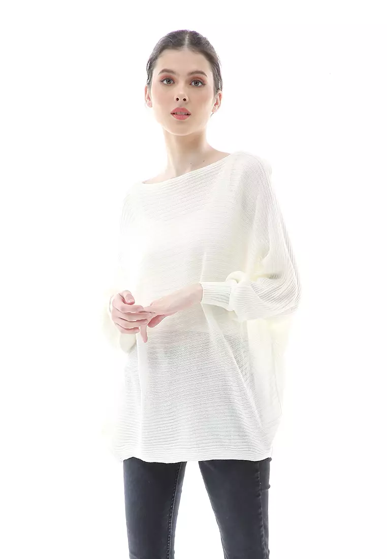 Eveline Sweater Rajut Batwing Atasan Wanita Motif Polos High Quality - Putih