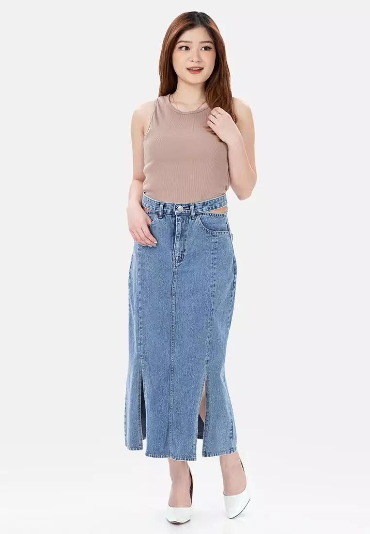 Luna Cut Out Midi Denim Skirt