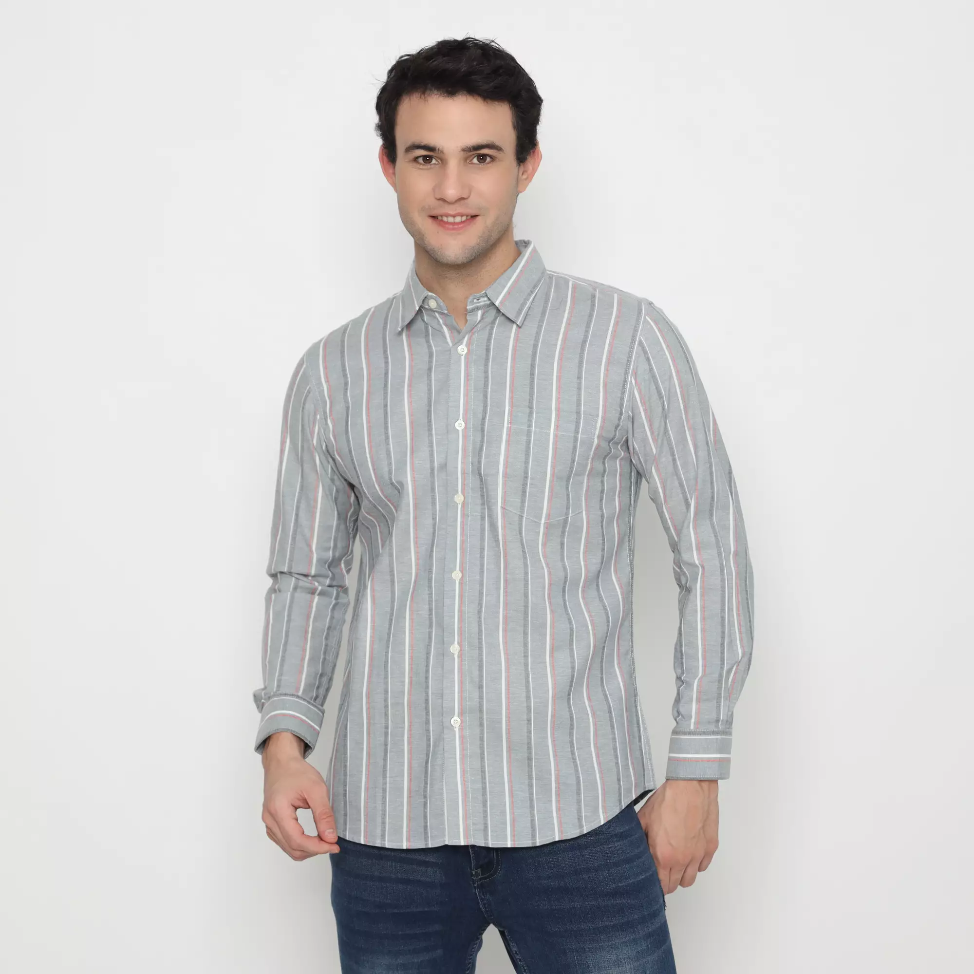 Platini Kemeja Lengan Panjang Katun Salur 76442 Abu