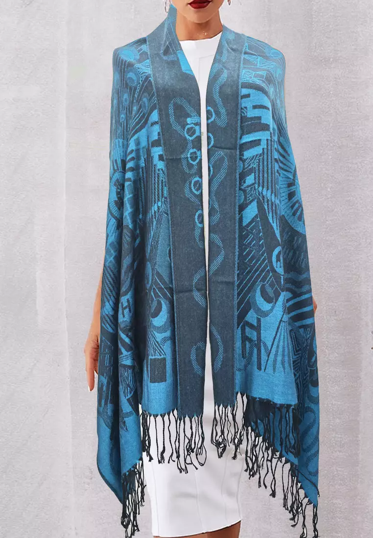 Aksesoris Wanita Reversible Viscose Abstract Pattern Pashmina Shawl Syal Wanita Turqouise