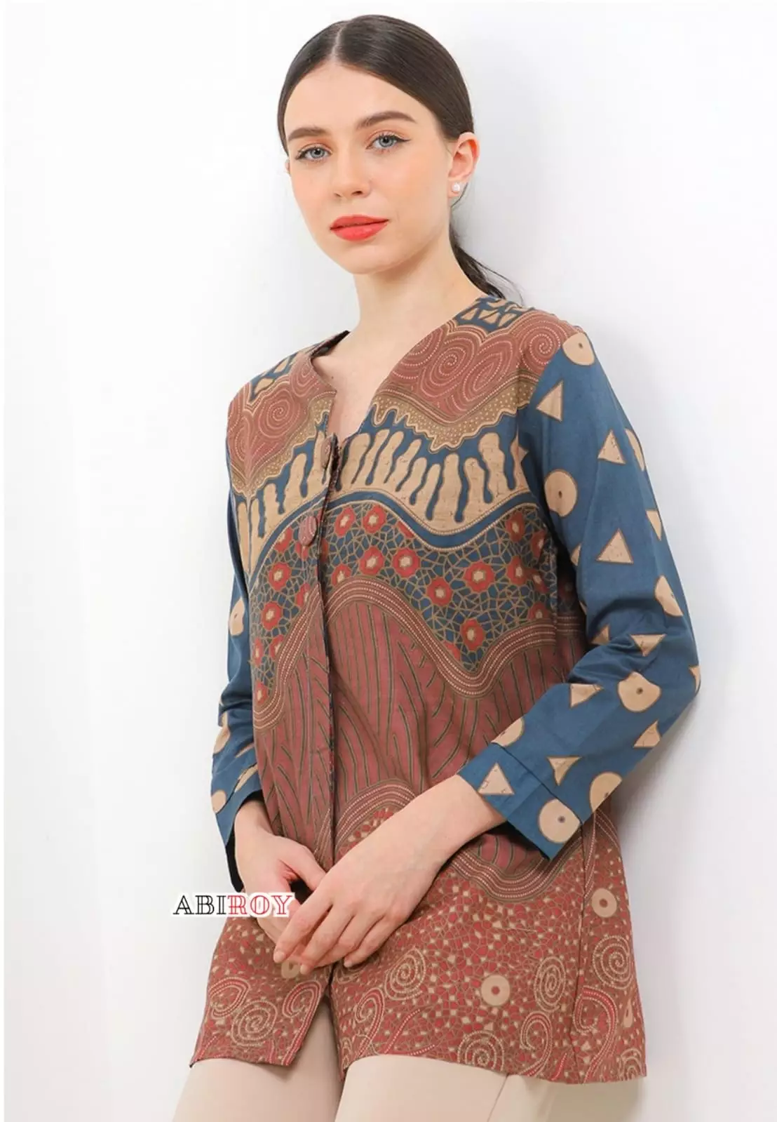 Blouse Batik Balasuta Coklat Biru Premium Slimfit Elegant NLN