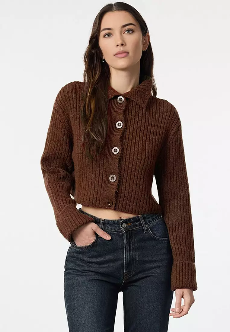 Brown Crop Soft Textured Stand Collar Knitwear Cardigan