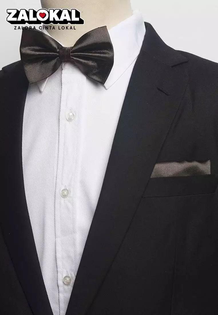 Houseofcuff Dasi Kupu Bowtie Pocket Square Saputangan Midnite Grey A09