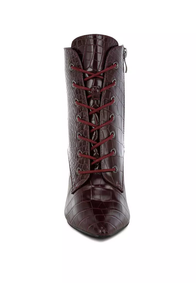 Sepatu Boot Stiletto Croc Lace-Up di Burgundy
