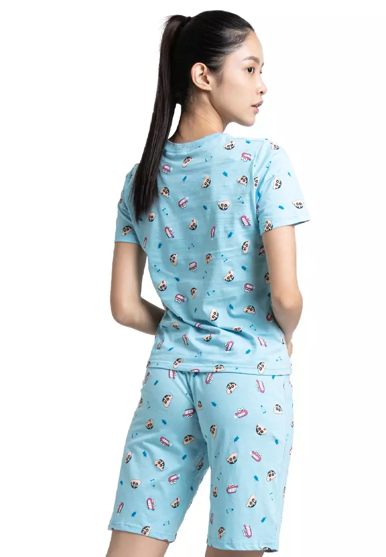 (1 Set) Forest x Shinchan Ladies 100% Cotton Short Sleeve Short Pants Pyjamas Set - CPD0026 Blue