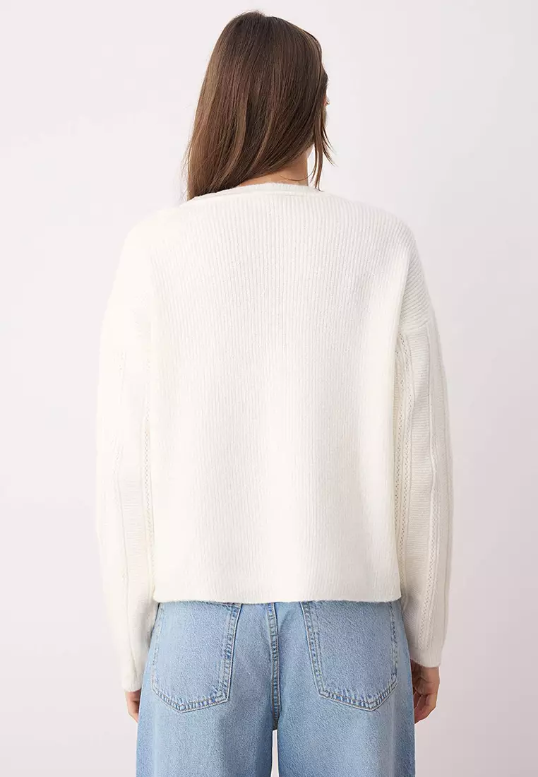 Ecru Soft Textured Sleeve Embroidery Detailed Wide Fit Knitwear Cardigan