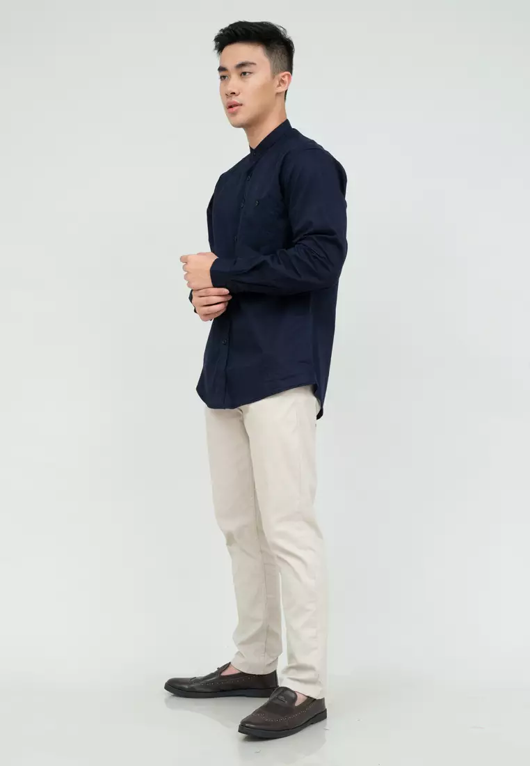 Houseofcuff kemeja Koko Lengan Panjang Pria Navy Gelap Saku Kancing